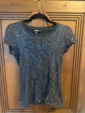 DKNY Women's Black Sequin Short-Sleeve Top